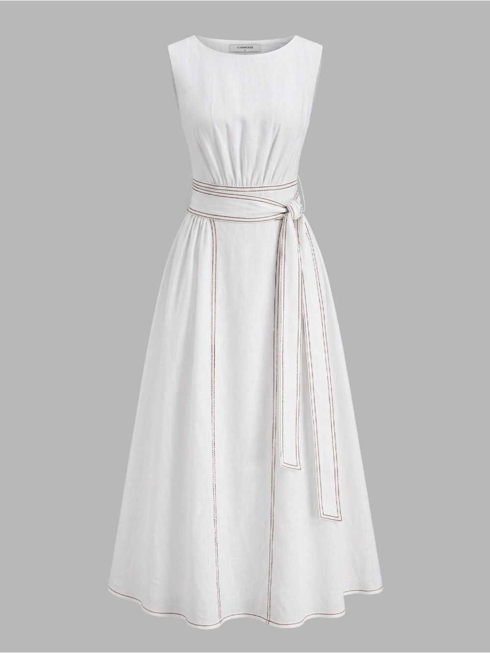 Commense Cotton Linen Sleeveless Belted Midi Dress- White